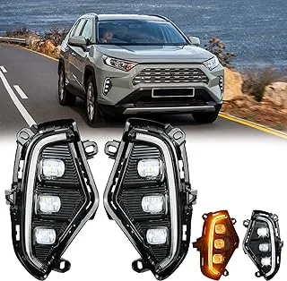 LANDSIN LED Daytime Running Lights Fit for Toyota RAV4 2019 2020 2021 2022 2023 DRL Fog Lights Kit Rav4 Fog Lights Assembly Replace Amber Turn Signal Lamps 3 Eyes RAV4 DRL Daylights with Bezel 2pieces