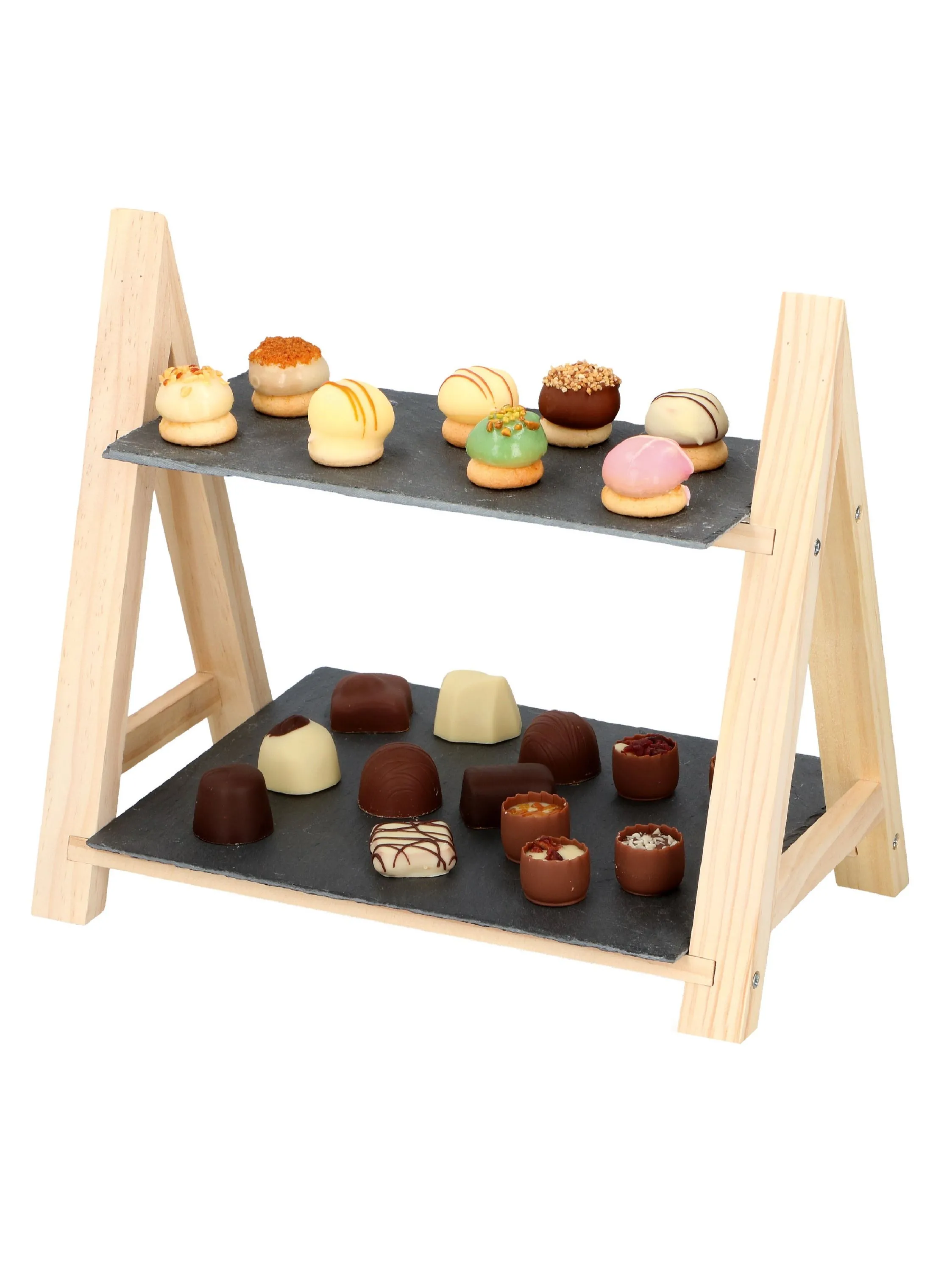 Cuisine Art 2 Tier Serving Slate with Wooden Stand Cupcake Stand, Slate Tiered Serving Trays for Parties, Weddings, Home Decorating, Indoor or Outdoor Use