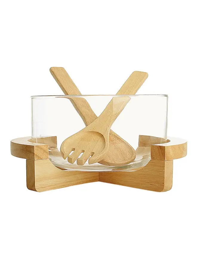 BILLI Salad Bowl With Stand And Servers Set Beige/Clear