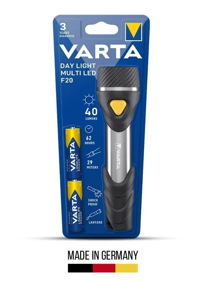 مصباح يدوي VARTA Varta Day Light متعدد LED F20 مع عناصر مطاطية وتركيز دقيق ومصباح LED عالي الطاقة للمغامرات الخارجية