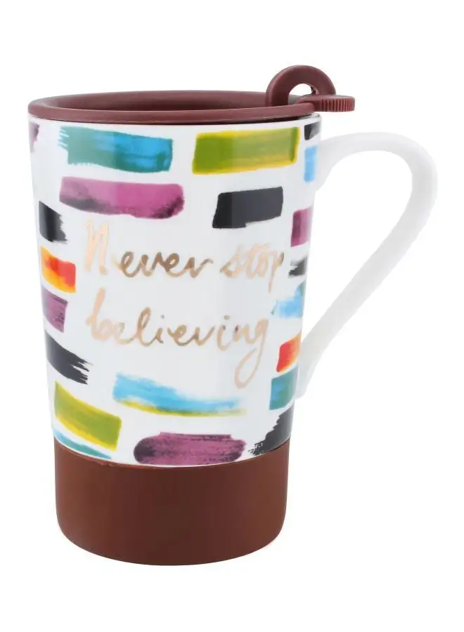 Shallow Never Stop Believing Printed Mug With Lid White/Brown/Black