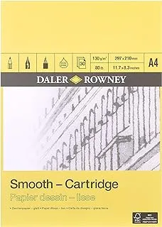 لوحة ورق رسم خرطوشة Daler-Rowney Smooth 130 gsm A4، ملصقة على جانب واحد، 30 ورقة بيضاء طبيعية، مثالية للفنانين والطلاب المحترفين