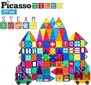 PicassoTiles 180 Piece Set 180pc Building Block Toy Deluxe Construction Kit Magnet Building Tiles Clear Color Magnetic 3D Construction Playboards Educational Blocks Creativity Beyond Imagination