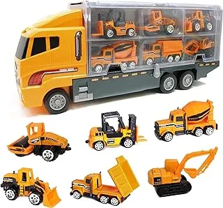 Mumoo Bear Die Cast Emergency Trucks Vehicles Toy Cars Play Set in Carrier Truck - 7 in 1 Transport Truck Emergency Car Set for Kids Gifts (Construction Vehicle Set)