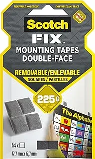 Scotch Mount Removable Squares 12.7x12.7mm each, 64 squar/pack | Gray color | Holds up 225gr per square | Good Strength | Multiple Applications | Multi-Surface | No Tools | Double Sided Adhesive Tape