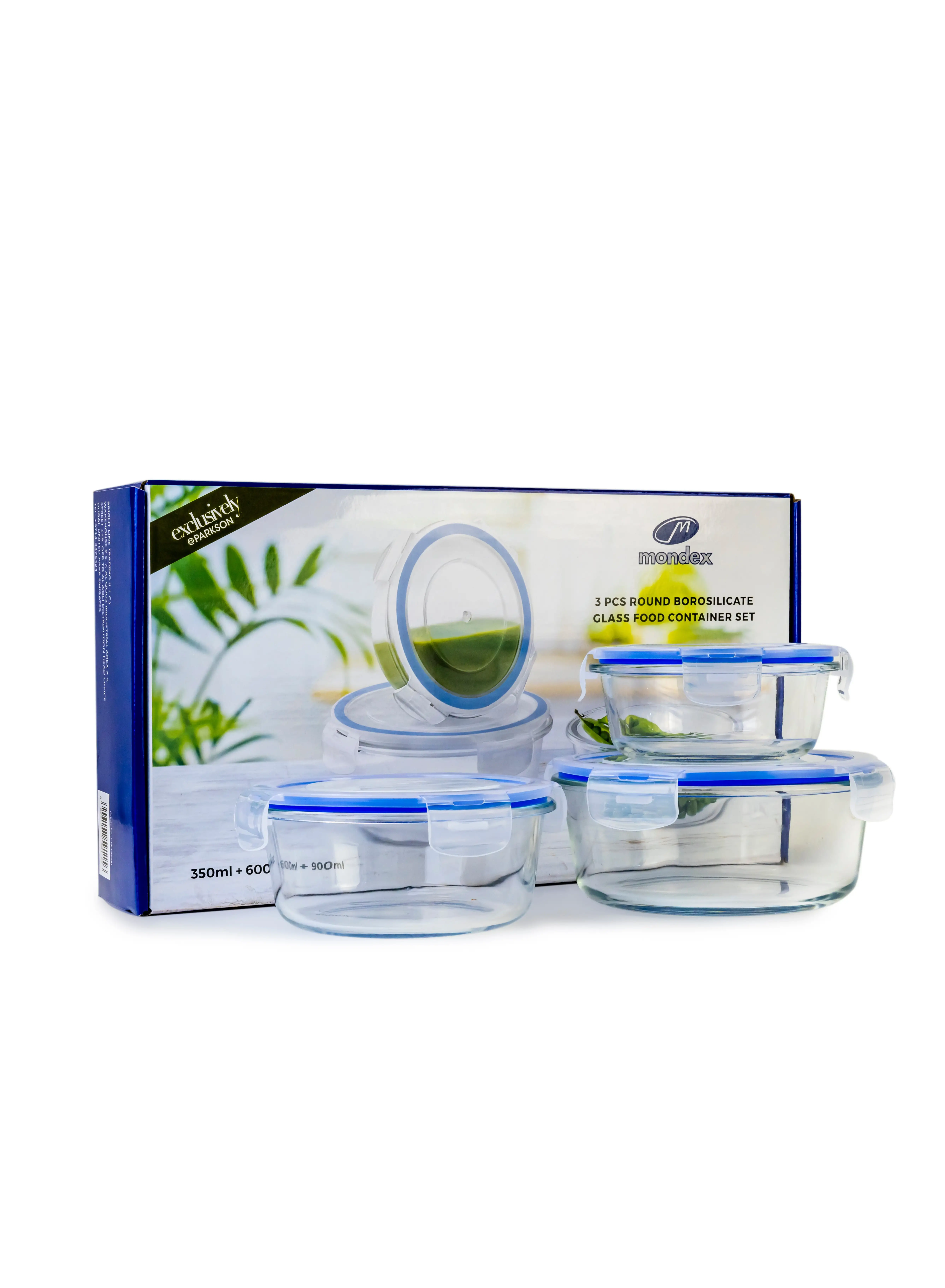 Mondex 3 pieces round Borosilicate Glass Food Container with lid set 350ml 600ml 900ml Lunch box leak proof Silicone seal Lid