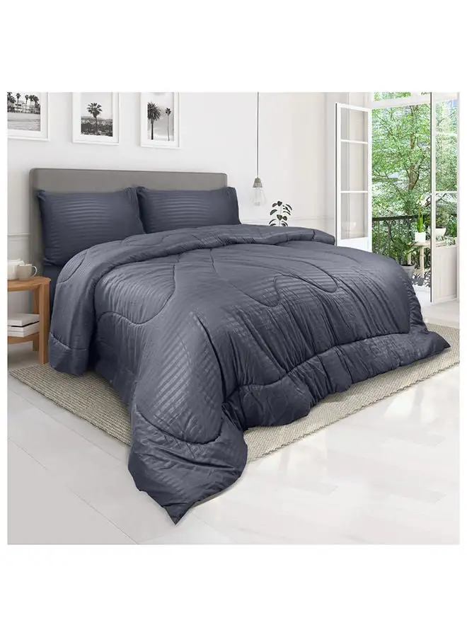 Hotel Linen Klub Down Alternative Comforter  Set -Ultra Soft Brushed Stripe Microfiber Fabric, 200GSM Soft Fibersheet Filling, Size :Single 160 x 200cm , Color: Dark Grey