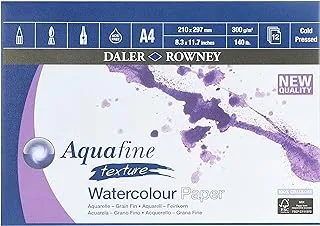 Daler Rowney Aquafine Textured Watercolour & Gouache Cold-Pressed 300 gsm A4 Paper Pad, Glued 1 Side, Natural White, 12 Sheets, Ideal for Professional & Beginner Artists & Students, Acid-Free