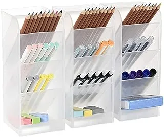 Marbrasse 3 Pcs Big Desk Organizer- Pen Organizer Storage for Office, School, Home Supplies, Translucent White Pen Storage Holder, High Capacity, Set of 3, 12 Compartments (White Big Pen Holder)