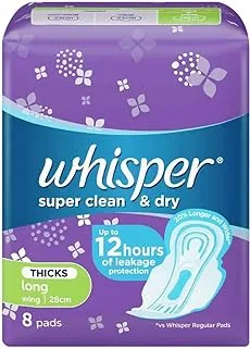 Whisper Super Clean & Dry Pads with Wings - 20% Longer and Wider - Up to 12 hours of Leakage Protection - Anti Leak Barriers - Fast Absorbing - 8 pads