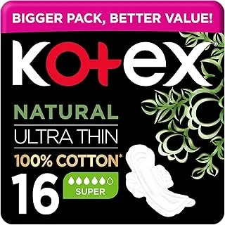 Kotex Natural Ultra Thin Pads, 100% Cotton Pad, Super Size Sanitary Pads with Wings, 16 Sanitary Pads