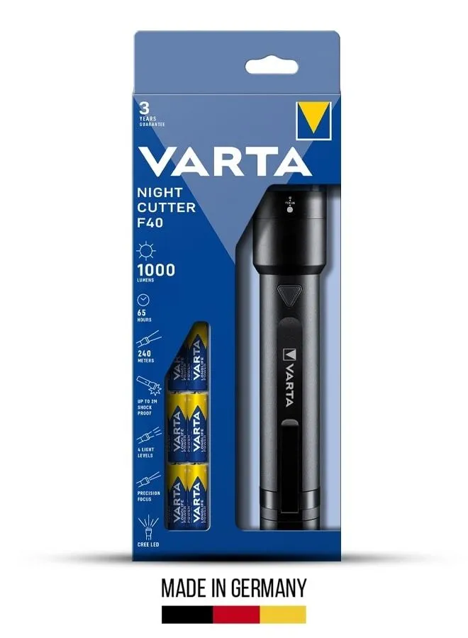 VARTA Varta Night Cutter F40 LED Flashlight with 6xAA Batteries for Bright and Reliable Illumination