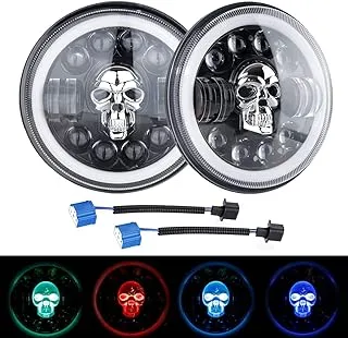 Mc motoring 7inch 1 Pair Skull LED Headlight with DRL Hi/Lo Beam Amber Angel Eye Halo Ring Headlight for Jeep Niva Motorcycle Offroad 12V