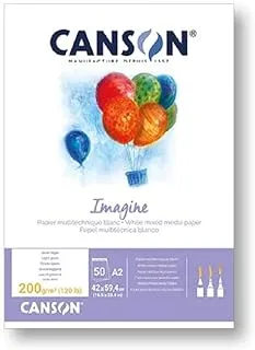 ورق Canson Imagine Mixed Media 200gsm، أبيض طبيعي، وسادة A2 تتضمن 50 ورقة