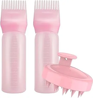 McMola Root Comb Applicator Bottle with Scalp Massager Shampoo Brush Hair Coloring Dye and Scalp Treatment Head Relaxation Tools, Pink（3 Pcs）