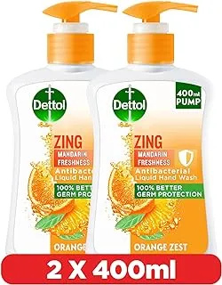 Dettol Zing Mandarin Freshness Liquid Hand Wash for Effective Germ Protection & Personal Hygiene, Protects Against 100 Illness Causing Germs, Orange Zest Fragrance, 400ml, Pack of 2