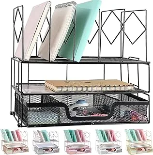 gianotter Desk Organizers and Accessories, Office Supplies Desk Organizer with Sliding Drawer, Double Tray and 5 Upright Sections (Black)