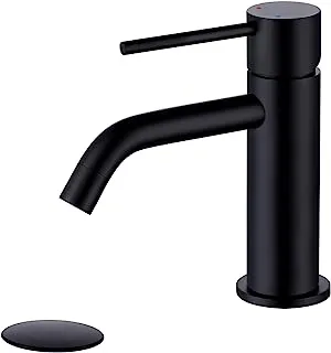 Single Hole Brass Matte Black Bathroom Faucet with Pop Up Drain Assembly and Faucet Supply Hose, JXMMP Copper Single Handle Lavatory Sink Basin Faucets Mixer Taps