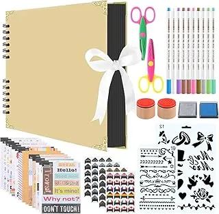 Scrapbook Photo Album DIY Kit, Baby Scrapbook Album,Wedding Guest Book,Anniversary Scrapbook, School Memory Book, Keepsake Handmade,with Many Accessories, Black Paper 80 Pages (11.6x8.3 inchs, Brown)