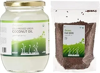 Down To Earth Organic Virgin Coconut Oil For Skin, Hair, and Body, 500 ml & Organic Flax Seeds By Down To Earth, 100% Wholegrain with Omega 3, Flax Seeds For Hairs, Keto & Vegan Friendly - 250 gms