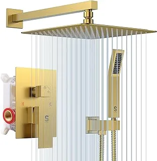 SR SUN RISE 12 Inches Brushed Gold Shower System 12 Inch Brass Bathroom Luxury Rain Mixer Shower Combo Set Wall Mounted Rainfall Shower System Faucet (Contain Faucet Rough-in Valve Body and Trim)