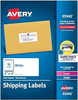 ملصقات عنوان الشحن من Avery، طابعات الليزر والنافثة للحبر، 2500 ملصق، ملصقات 2x4، دائمة، عبوتان (95945)