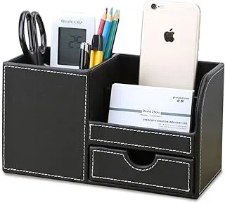 KINGFOM Wooden Struction Leather Multi-Function Desk Stationery Organizer Storage Box Pen/Pencil,Cell Phone, Business Name Cards Remote Control Holder with Small Drawer Black