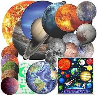 200+PCS Glow in The Dark Stars and Planets for Ceiling, 3D Realistic NASA Space Decor Dwarf Planets Pluto Moon Sun Glow in The Dark Stars, Solar System for Kids Wall Decals, Boys Room Decor