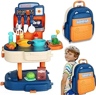 Fitto Kids Kitchen Toy Kitchen Backpack Playset For Kids, Portable Kids Mini Play Kitchen With Cooking Utensils, Pots, Fruits And Vegetables