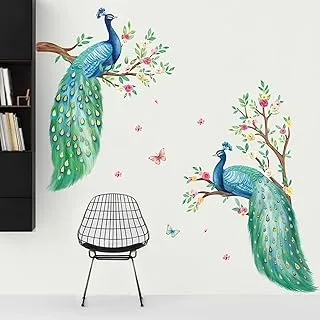 decalmile 2 Large Peacock Wall Decals Flowers Tree Branch Wall Stickers Bedroom Living Room Office TV Background Wall Decor