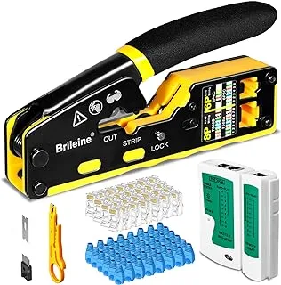 Brileine RJ45 Crimp Tool Pass Through Kit Ethernet Crimper Cat5 Cat5e Cat6 Crimping Tool for RJ11/12 6P/8P with Network Lan Cable Tester, 50PCS CAT6 Connectors, 50PCS Boots, Mini Cable Stripper