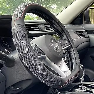 PINCTROT D Shaped 14.5-15 Inch Steering Wheel Cover Great Grip with 3D Honeycomb Anti-Slip Design, Flat Bottom 14.5-15 Inch (Black/Red Stitch)