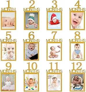 COOLBABY Baby 12 Months Photo Frame 1st Photo Banner 1st Birthday Decoration Paper Hanging Wall Picture Frame for Baby Baby Birthday Party Decoration Anniversary DIY (Gold)