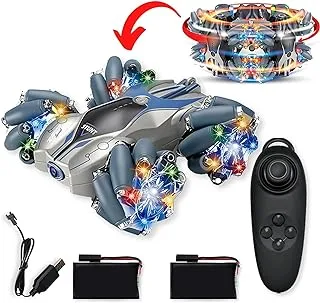 Fitto Double Side Remote Control Car with Rotation Roller Tyres, LED Lights, and Joystick Remote Control, Silver