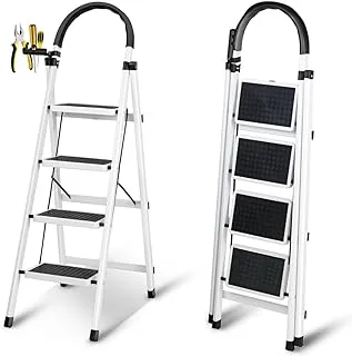 SKY-TOUCH Foldable Ladder 4 Steps, Home Ladder Folding Step Stool with Wide Anti-Slip Pedal, Adults Folding Sturdy Steel Ladder for Home,Kitchen, Garden, Office