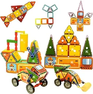 Fitto Stem Construction Magnetic Tiles Building Blocks Large Set 65 Pieces With Bulldozer, Tractor, Truck, And Tower Formations