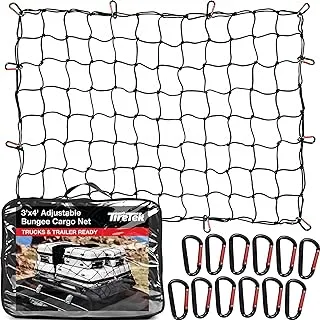 TireTek Truck Bed Cargo Net for Cars & SUVs - 3' x 4' Stretches to 6' x 8' Cargo Net - Small Truck Bed Net w/ 12 Metal Carabiners - for Frontier, Tacoma, Colorado & Subaru Crosstrek Accessories