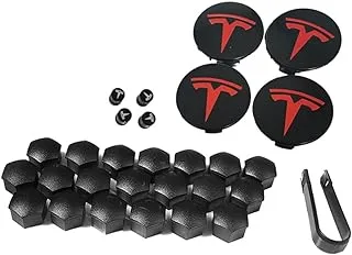 SOROPARTS Tesla Model 3 Y S X Hubcaps Accessories with 4 Wheel Hub Center Caps+20 Lug Nut Covers+4 Tire Valve Stem Caps Kits for Original Rims Decoration&Modification ï¼ˆRed&Blackï¼‰