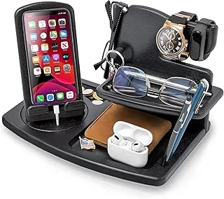 Teslyar Wood Rotating Swivel Phone Docking Station Ash Key Holder Wallet Stand Watch Organizer Men Gift Husband Wife Anniversary Dad Birthday Nightstand Purse Father Graduation Male (Black)