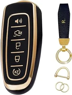 UOWZ Soft TPU Full Cover Protection Key Fob Case with Leather Keychain for Ford CMAX Edge Expedition Explorer Flex Focus Taurus Lincoln MKS MKT MKX Navigator Smart Remote Key shell (Black)