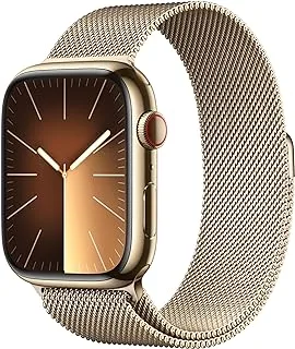 ساعة Apple Watch Series 9 الجديدة [GPS + Cellular 45mm] ساعة ذكية بهيكل ذهبي من الفولاذ المقاوم للصدأ مع حلقة ميلانيزية ذهبية مقاس واحد. جهاز تتبع اللياقة البدنية، تطبيقات قياس أكسجين الدم وتخطيط القلب، مقاوم للماء