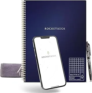 دفتر الرسم البياني الذكي Rocketbook Matrix القابل لإعادة الاستخدام | دفتر ملاحظات متساوي القياس صديق للبيئة ومتصل رقميًا | Mdinight Blue، مقاس الرسالة (8.5 بوصة × 11 بوصة) مع قلم وقماش وتطبيق