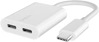 Belkin RockStar™ USB-C محول الصوت + الشحن، محول سماعة الرأس مع USB-C 60 واط توصيل الطاقة شحن سريع لأجهزة iPhone 15 وiPad Pro وGalaxy وNote وGoogle Pixel وLG وSony وOnePlus والمزيد - أبيض