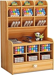 Marbrasse Wooden Pen Organizer, Multi-Functional DIY Pen Holder Box, Desktop Stationary, Easy Assembly, Home Office Art Supplies Organizer Storage with Drawer (B16-Cherry Color)