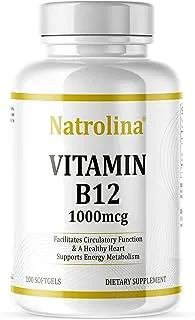 Natrolina Vitamin B12 1000 mcg 100 Softgels with Folic Acid Supports Energy Metabolism, Facilitates Circulatory Function, Healthy Heart & Nervous System | Cyanocobalamin Vitamin B12 Supplements