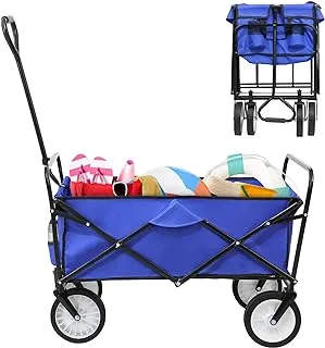 Arlopu Collapsible Folding Wagon Cart, Outdoor Park Utility Garden Wagon with 2 Cup Holders, Heavy Duty Portable Picnic Camping Cart for Shopping, Sport, Beach, Camping, Grocery, 150 LBS (Blue)