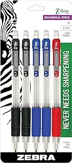 Zebra Z-Grip Mechanical Pencil, 0.7mm Point Size, HB #2 Graphite, Assorted Grip Colors, 5-Count