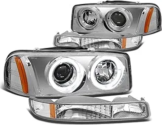 DNA MOTORING HL-HPL-SIE994P-CH-AM Chrome Amber Dual LED Halo Rings Projector Headlights Replacement For 99-07 Sierra