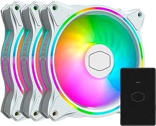 Cooler Master MasterFan 3n1 MF120 Halo White Edition ARGB-Dual Ring إضاءة RGB قابلة للتحكم، تصميم شفرة مروحة تبريد وغطاء هجين، حماية مستشعر الانحشار، إطار تخفيف الاهتزاز، مع وحدة تحكم