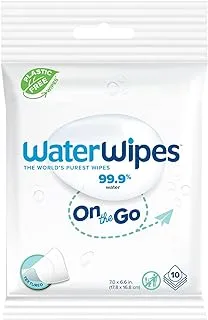 مناديل WaterWipes خالية من البلاستيك أثناء التنقل، 99.9% ماء، غير معطرة، لطيفة على البشرة، 10 مناديل مبللة